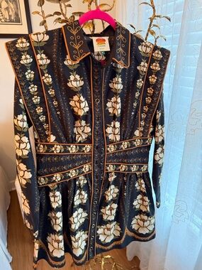 FARM Rio Black Floral Long-Sleeve Dress with Cream & Gold Trim